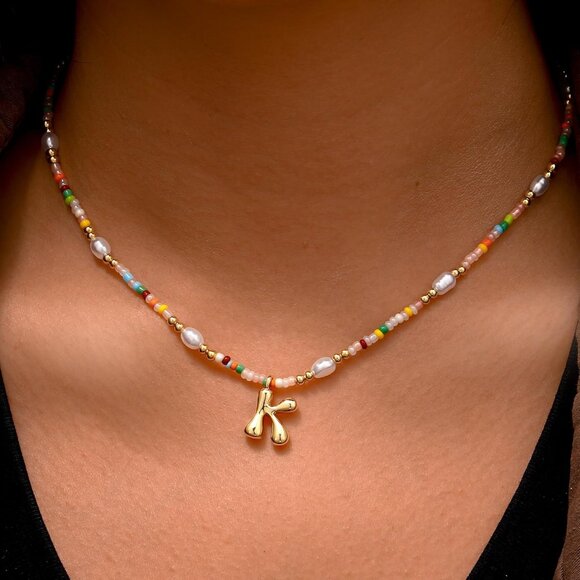 Beautiful Initial Necklace for Girls - Colorful Pearl & Gold Pendant Design - Picture 2 of 7